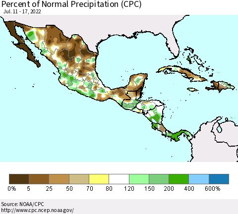 Mexico Central America and the Caribbean Percent of Normal Precipitation (CPC) Thematic Map For 7/11/2022 - 7/17/2022