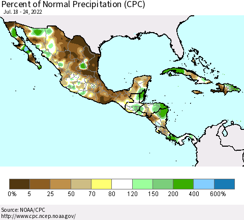 Mexico Central America and the Caribbean Percent of Normal Precipitation (CPC) Thematic Map For 7/18/2022 - 7/24/2022