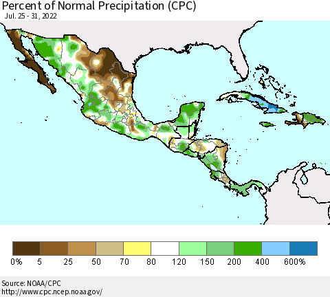 Mexico Central America and the Caribbean Percent of Normal Precipitation (CPC) Thematic Map For 7/25/2022 - 7/31/2022