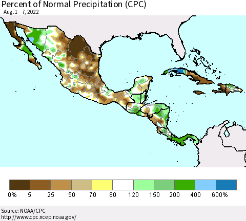 Mexico Central America and the Caribbean Percent of Normal Precipitation (CPC) Thematic Map For 8/1/2022 - 8/7/2022
