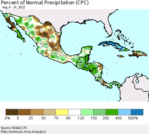 Mexico Central America and the Caribbean Percent of Normal Precipitation (CPC) Thematic Map For 8/8/2022 - 8/14/2022
