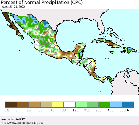 Mexico Central America and the Caribbean Percent of Normal Precipitation (CPC) Thematic Map For 8/15/2022 - 8/21/2022