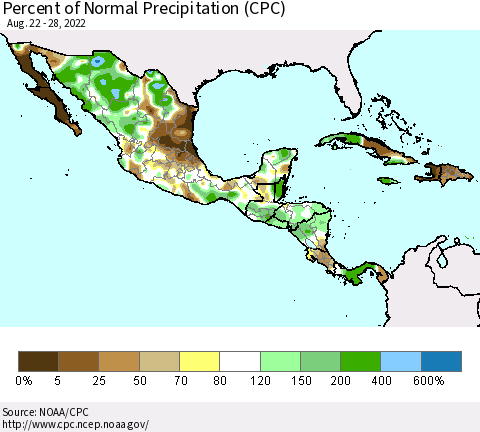 Mexico Central America and the Caribbean Percent of Normal Precipitation (CPC) Thematic Map For 8/22/2022 - 8/28/2022