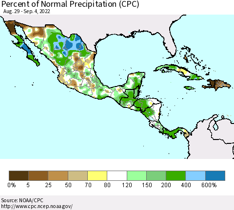 Mexico Central America and the Caribbean Percent of Normal Precipitation (CPC) Thematic Map For 8/29/2022 - 9/4/2022