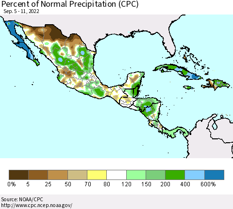 Mexico Central America and the Caribbean Percent of Normal Precipitation (CPC) Thematic Map For 9/5/2022 - 9/11/2022