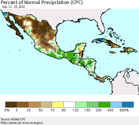 Mexico Central America and the Caribbean Percent of Normal Precipitation (CPC) Thematic Map For 9/12/2022 - 9/18/2022