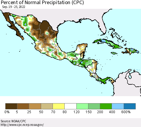 Mexico Central America and the Caribbean Percent of Normal Precipitation (CPC) Thematic Map For 9/19/2022 - 9/25/2022