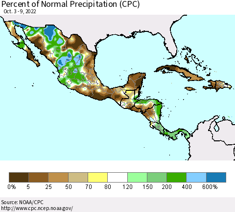 Mexico Central America and the Caribbean Percent of Normal Precipitation (CPC) Thematic Map For 10/3/2022 - 10/9/2022