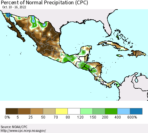 Mexico Central America and the Caribbean Percent of Normal Precipitation (CPC) Thematic Map For 10/10/2022 - 10/16/2022