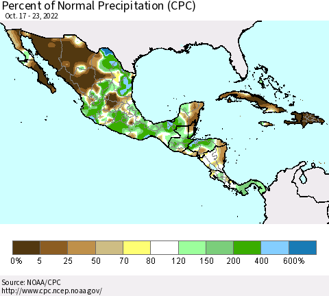 Mexico Central America and the Caribbean Percent of Normal Precipitation (CPC) Thematic Map For 10/17/2022 - 10/23/2022