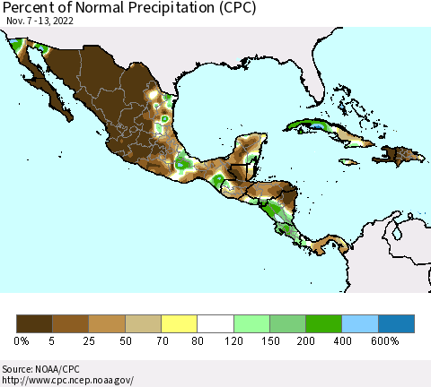 Mexico Central America and the Caribbean Percent of Normal Precipitation (CPC) Thematic Map For 11/7/2022 - 11/13/2022