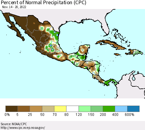 Mexico Central America and the Caribbean Percent of Normal Precipitation (CPC) Thematic Map For 11/14/2022 - 11/20/2022