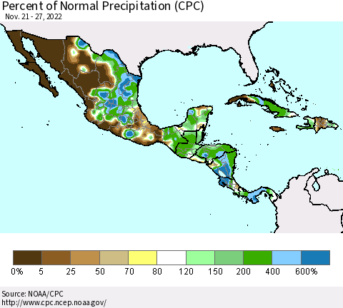 Mexico Central America and the Caribbean Percent of Normal Precipitation (CPC) Thematic Map For 11/21/2022 - 11/27/2022