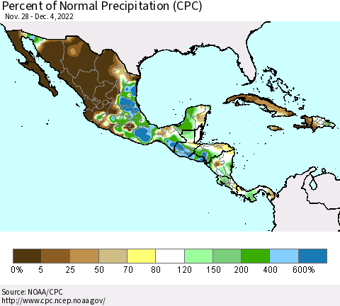 Mexico Central America and the Caribbean Percent of Normal Precipitation (CPC) Thematic Map For 11/28/2022 - 12/4/2022