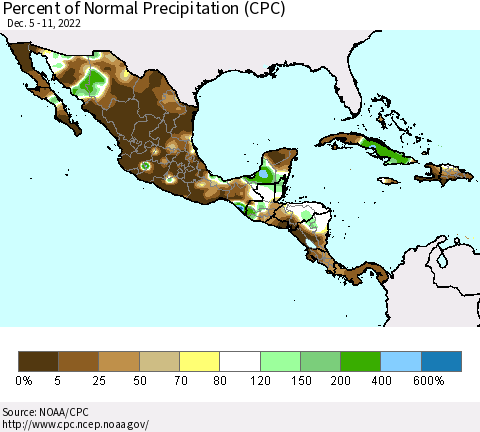 Mexico Central America and the Caribbean Percent of Normal Precipitation (CPC) Thematic Map For 12/5/2022 - 12/11/2022