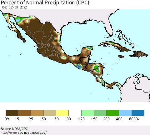 Mexico Central America and the Caribbean Percent of Normal Precipitation (CPC) Thematic Map For 12/12/2022 - 12/18/2022