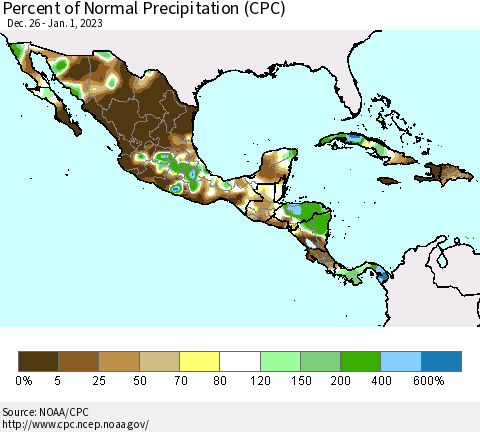 Mexico Central America and the Caribbean Percent of Normal Precipitation (CPC) Thematic Map For 12/26/2022 - 1/1/2023