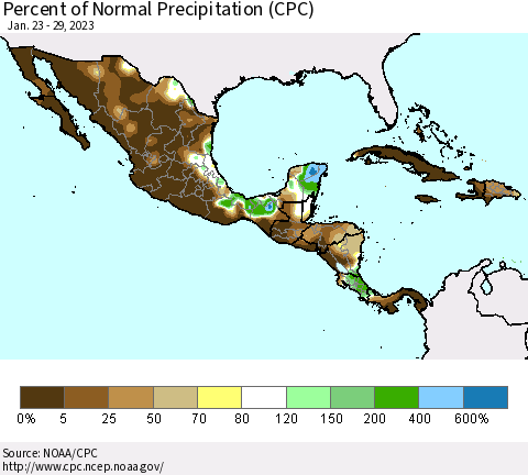 Mexico Central America and the Caribbean Percent of Normal Precipitation (CPC) Thematic Map For 1/23/2023 - 1/29/2023