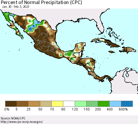 Mexico Central America and the Caribbean Percent of Normal Precipitation (CPC) Thematic Map For 1/30/2023 - 2/5/2023