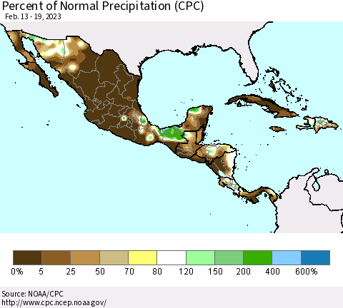 Mexico Central America and the Caribbean Percent of Normal Precipitation (CPC) Thematic Map For 2/13/2023 - 2/19/2023
