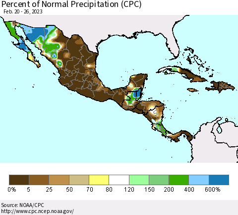 Mexico Central America and the Caribbean Percent of Normal Precipitation (CPC) Thematic Map For 2/20/2023 - 2/26/2023