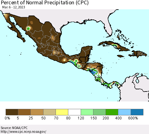 Mexico Central America and the Caribbean Percent of Normal Precipitation (CPC) Thematic Map For 3/6/2023 - 3/12/2023