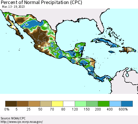 Mexico Central America and the Caribbean Percent of Normal Precipitation (CPC) Thematic Map For 3/13/2023 - 3/19/2023