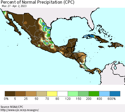 Mexico Central America and the Caribbean Percent of Normal Precipitation (CPC) Thematic Map For 3/27/2023 - 4/2/2023