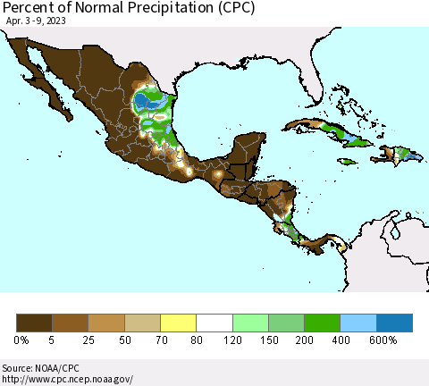 Mexico Central America and the Caribbean Percent of Normal Precipitation (CPC) Thematic Map For 4/3/2023 - 4/9/2023