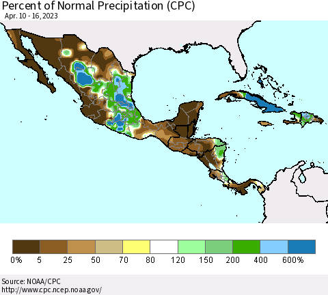 Mexico Central America and the Caribbean Percent of Normal Precipitation (CPC) Thematic Map For 4/10/2023 - 4/16/2023