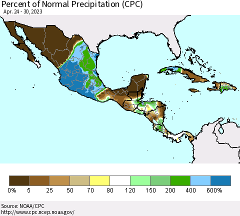 Mexico Central America and the Caribbean Percent of Normal Precipitation (CPC) Thematic Map For 4/24/2023 - 4/30/2023