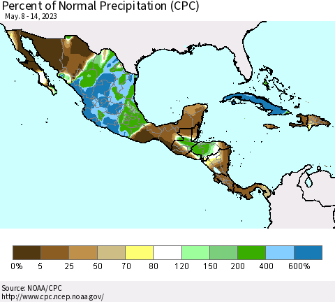 Mexico Central America and the Caribbean Percent of Normal Precipitation (CPC) Thematic Map For 5/8/2023 - 5/14/2023