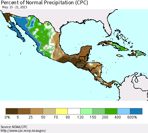 Mexico Central America and the Caribbean Percent of Normal Precipitation (CPC) Thematic Map For 5/15/2023 - 5/21/2023