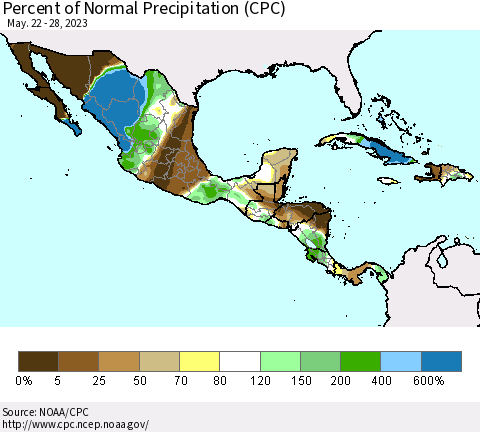 Mexico Central America and the Caribbean Percent of Normal Precipitation (CPC) Thematic Map For 5/22/2023 - 5/28/2023