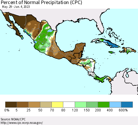 Mexico Central America and the Caribbean Percent of Normal Precipitation (CPC) Thematic Map For 5/29/2023 - 6/4/2023