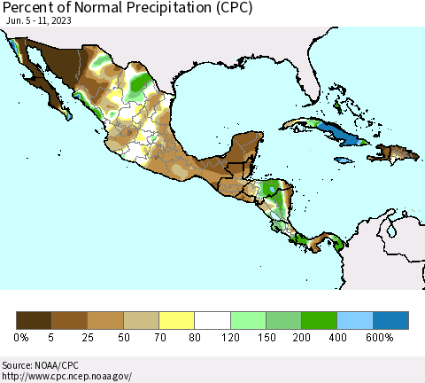 Mexico Central America and the Caribbean Percent of Normal Precipitation (CPC) Thematic Map For 6/5/2023 - 6/11/2023