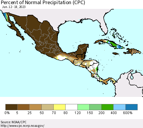 Mexico Central America and the Caribbean Percent of Normal Precipitation (CPC) Thematic Map For 6/12/2023 - 6/18/2023