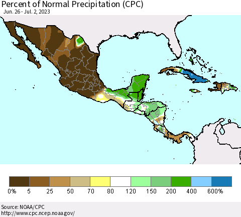Mexico Central America and the Caribbean Percent of Normal Precipitation (CPC) Thematic Map For 6/26/2023 - 7/2/2023