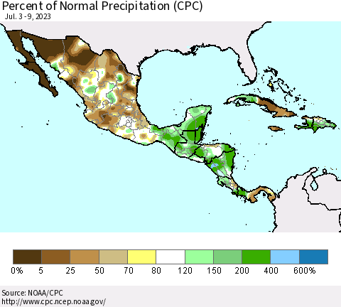 Mexico Central America and the Caribbean Percent of Normal Precipitation (CPC) Thematic Map For 7/3/2023 - 7/9/2023