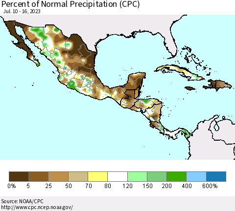 Mexico Central America and the Caribbean Percent of Normal Precipitation (CPC) Thematic Map For 7/10/2023 - 7/16/2023
