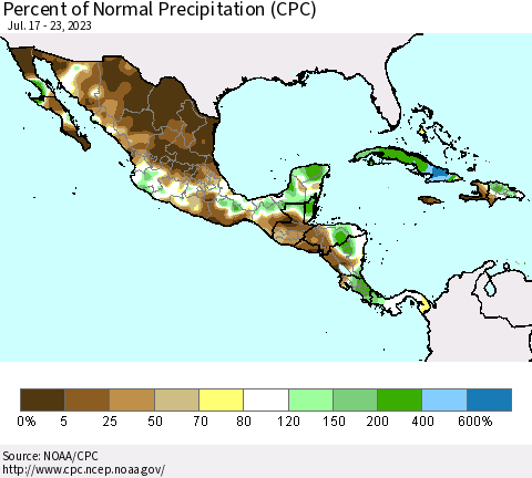 Mexico Central America and the Caribbean Percent of Normal Precipitation (CPC) Thematic Map For 7/17/2023 - 7/23/2023