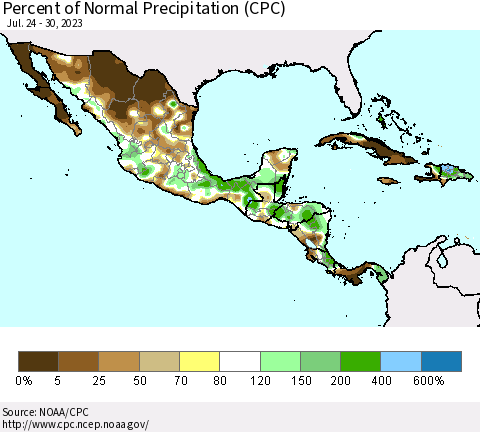 Mexico Central America and the Caribbean Percent of Normal Precipitation (CPC) Thematic Map For 7/24/2023 - 7/30/2023