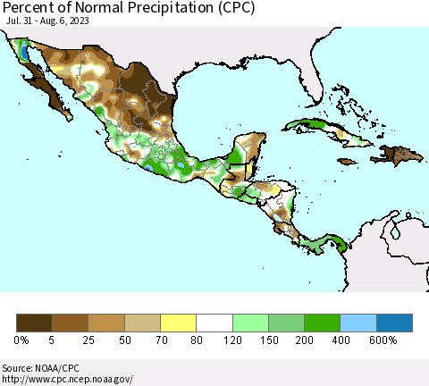 Mexico Central America and the Caribbean Percent of Normal Precipitation (CPC) Thematic Map For 7/31/2023 - 8/6/2023