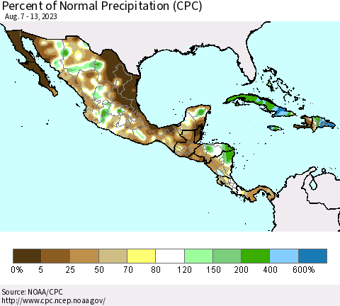 Mexico Central America and the Caribbean Percent of Normal Precipitation (CPC) Thematic Map For 8/7/2023 - 8/13/2023