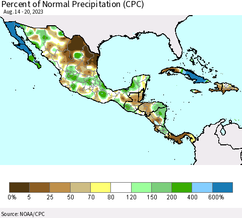 Mexico Central America and the Caribbean Percent of Normal Precipitation (CPC) Thematic Map For 8/14/2023 - 8/20/2023