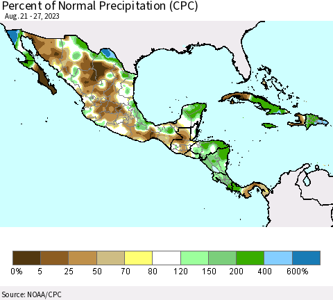 Mexico Central America and the Caribbean Percent of Normal Precipitation (CPC) Thematic Map For 8/21/2023 - 8/27/2023