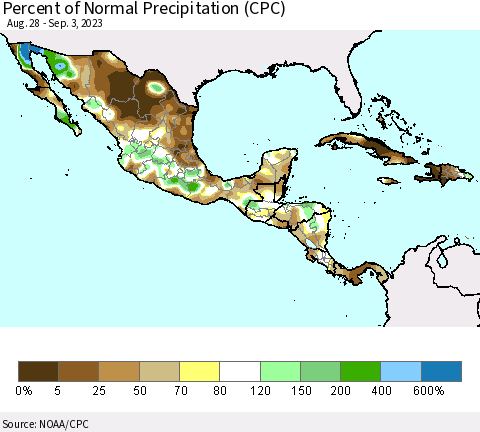 Mexico Central America and the Caribbean Percent of Normal Precipitation (CPC) Thematic Map For 8/28/2023 - 9/3/2023
