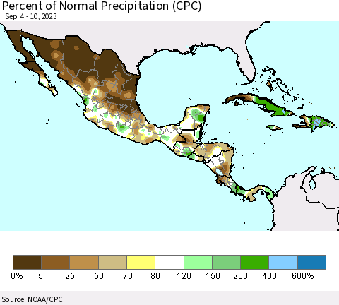 Mexico Central America and the Caribbean Percent of Normal Precipitation (CPC) Thematic Map For 9/4/2023 - 9/10/2023