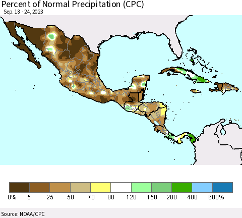 Mexico Central America and the Caribbean Percent of Normal Precipitation (CPC) Thematic Map For 9/18/2023 - 9/24/2023