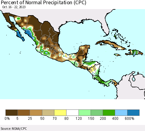 Mexico Central America and the Caribbean Percent of Normal Precipitation (CPC) Thematic Map For 10/16/2023 - 10/22/2023